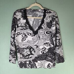 Studio Donatello Womens Black Lace V-Neck Lattice Trim Long Sleeve Top Sz Small